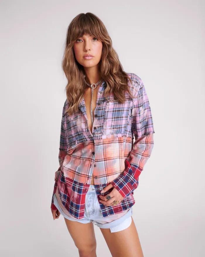One Teaspoon Shirts Women Distressed Mixed Flannel Shirt