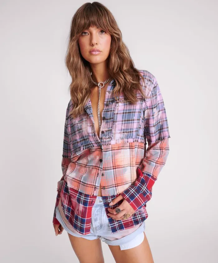 One Teaspoon Shirts Women Distressed Mixed Flannel Shirt