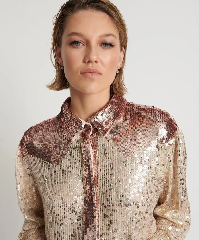 One Teaspoon Shirts Women Rose Gold Hand Sequin Western Shirt
