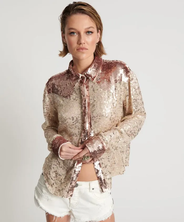 One Teaspoon Shirts Women Rose Gold Hand Sequin Western Shirt