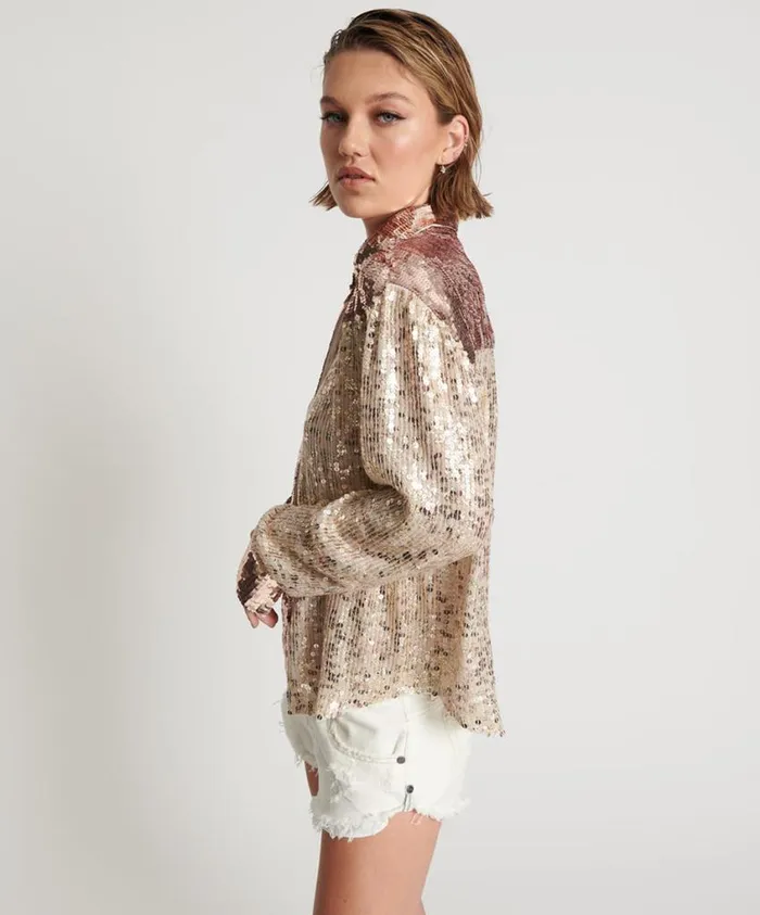 One Teaspoon Shirts Women Rose Gold Hand Sequin Western Shirt
