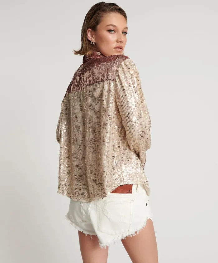 One Teaspoon Shirts Women Rose Gold Hand Sequin Western Shirt