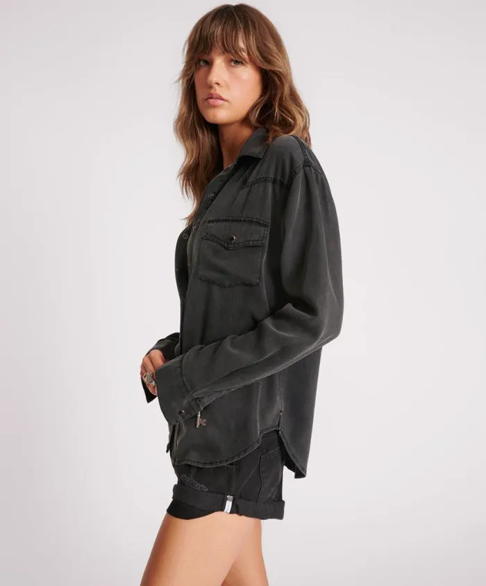 One Teaspoon Shirts Women Soft Black Tencel Western Shirt