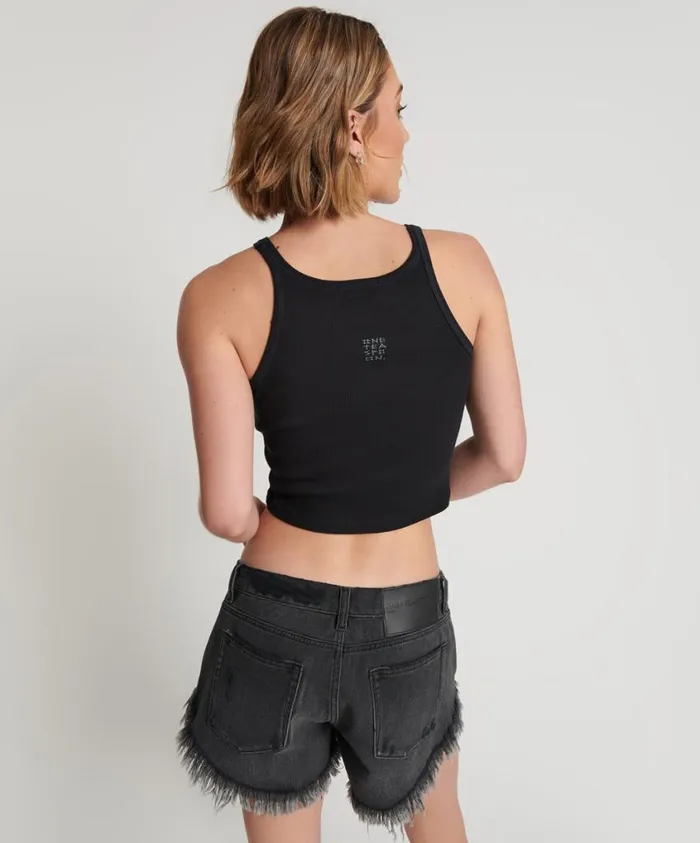 One Teaspoon Tees and Tanks Women Cropped Bower Bird Ribbed Tank Top Black
