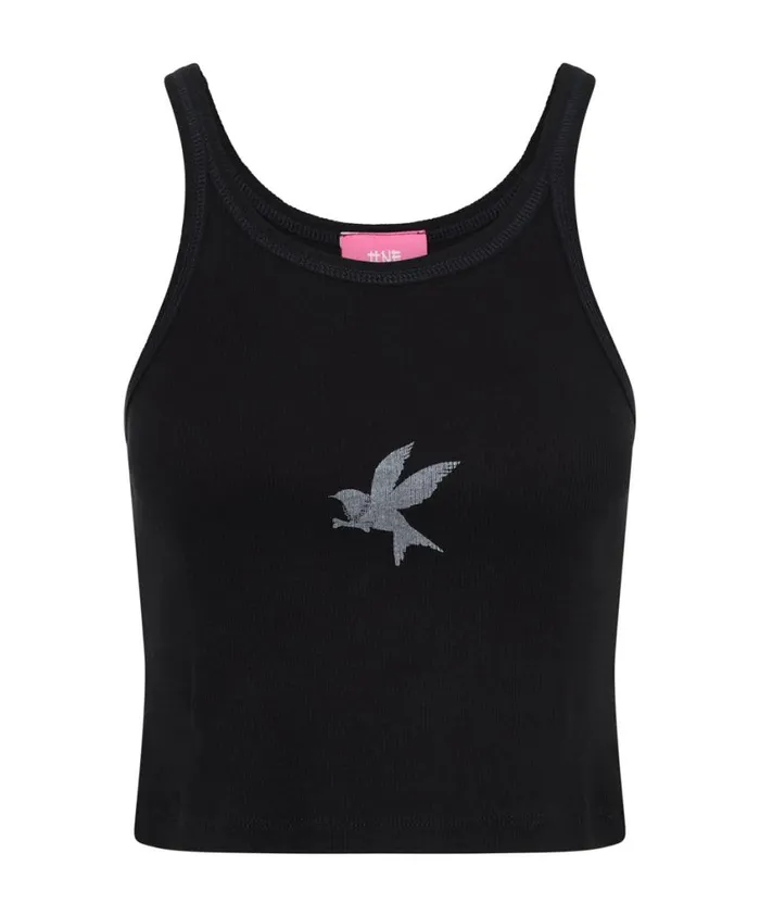 One Teaspoon Tees and Tanks Women Cropped Bower Bird Ribbed Tank Top Black