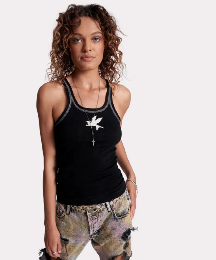 One Teaspoon Tees and Tanks Women Jett Black Bower Bird Rib Singlet