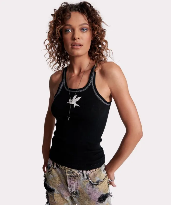 One Teaspoon Tees and Tanks Women Jett Black Bower Bird Rib Singlet