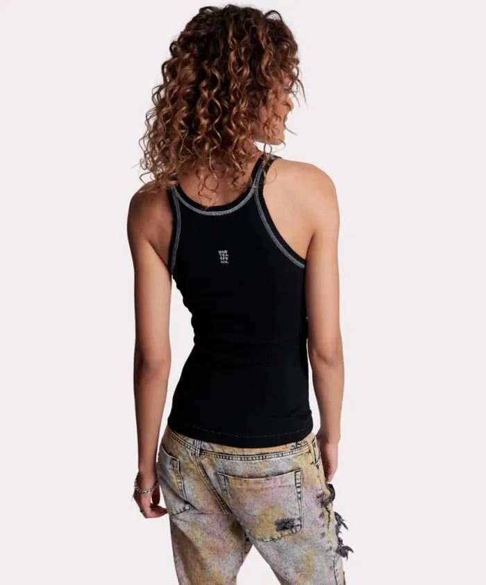 One Teaspoon Tees and Tanks Women Jett Black Bower Bird Rib Singlet