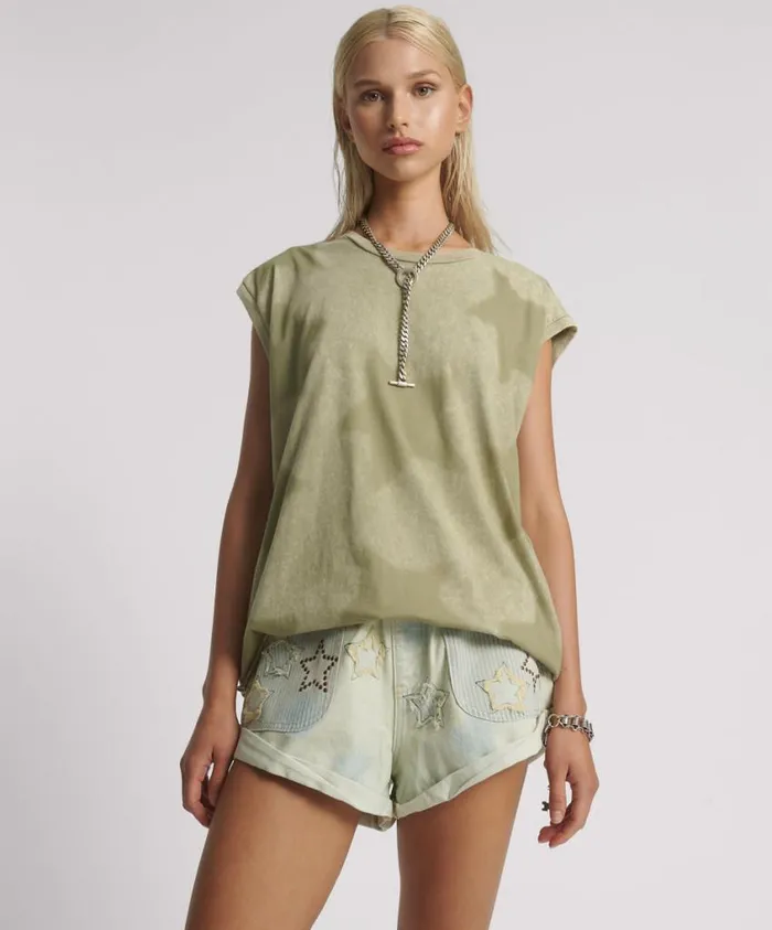 One Teaspoon Tees and Tanks Women KHAKI STAR DUST OVERSIZED TANK
