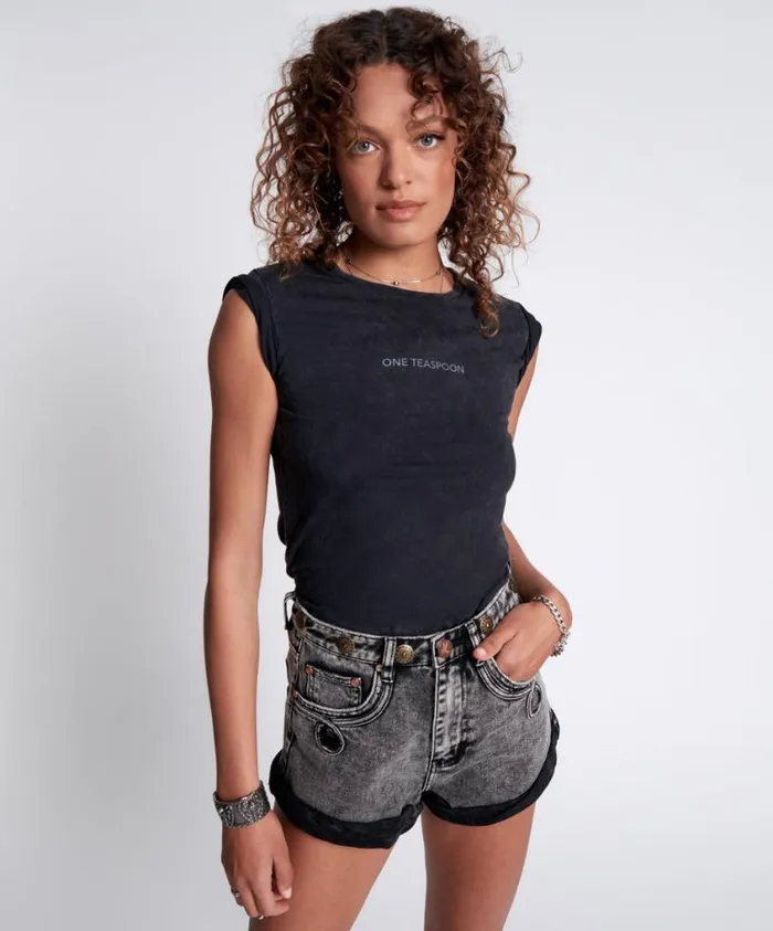 One Teaspoon Tees and Tanks Women One Teaspoon Organic Fitted Logo Tee Black USA