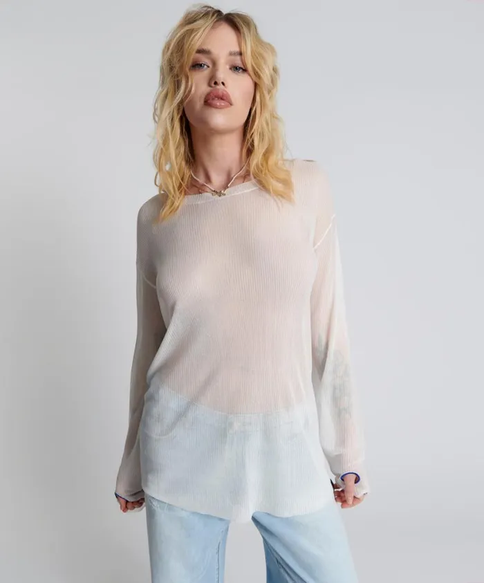 One Teaspoon Tops Women Amity Sheer Rib Knit Top White