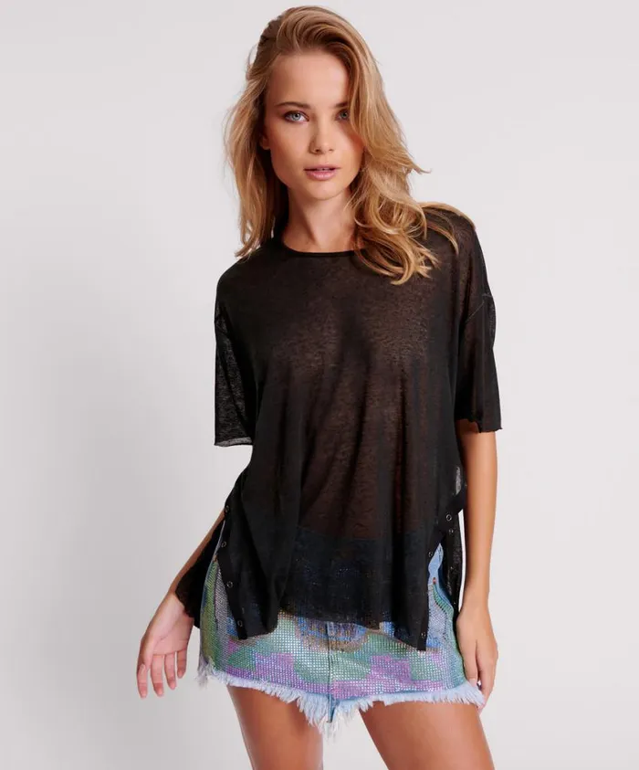 One Teaspoon Tops Women Black Split Seam Tee