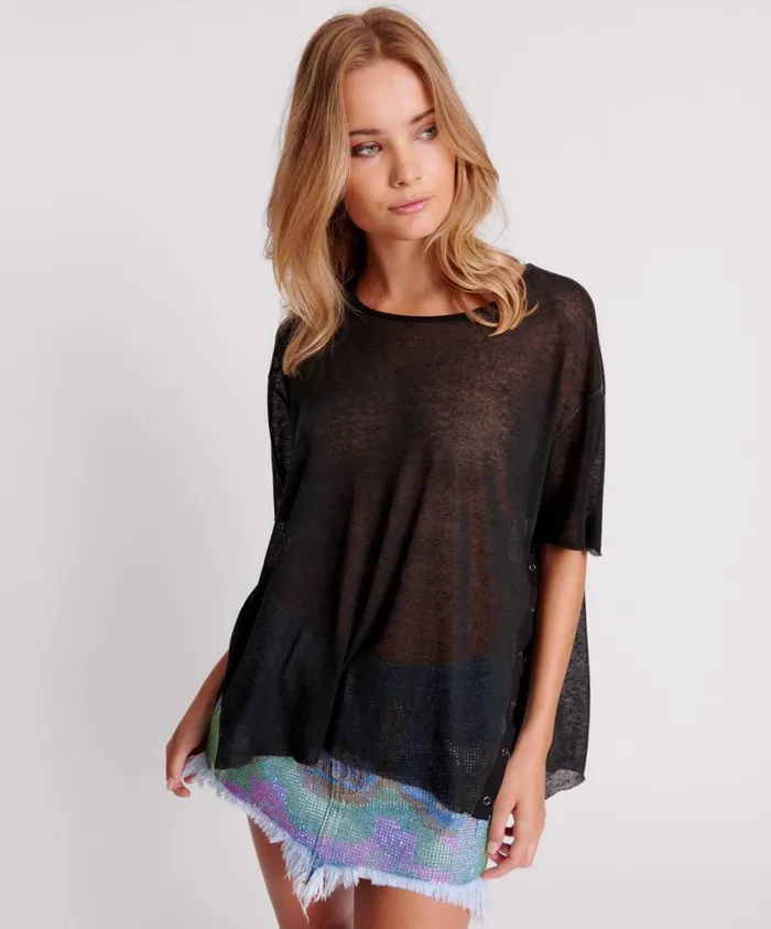 One Teaspoon Tops Women Black Split Seam Tee