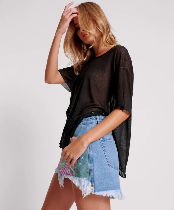 One Teaspoon Tops Women Black Split Seam Tee