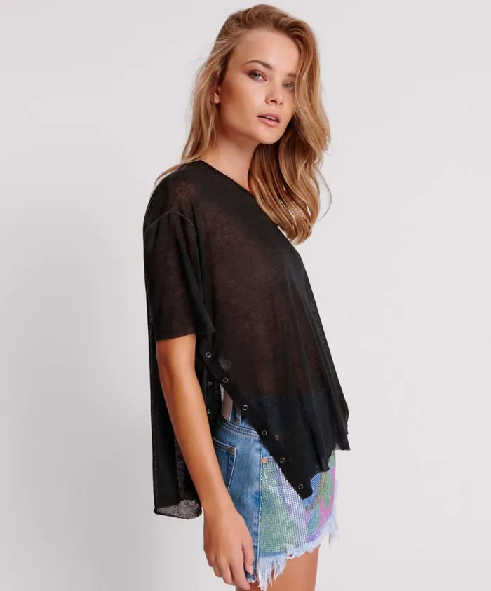One Teaspoon Tops Women Black Split Seam Tee