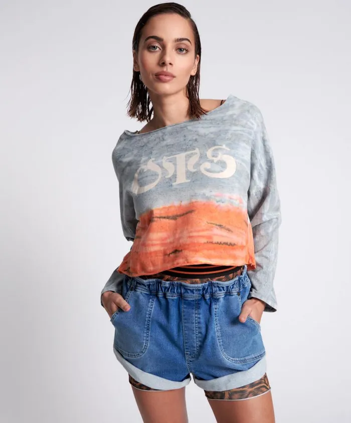 One Teaspoon Tops Women OTS Organic Rumble Cropped Longsleeve Tee