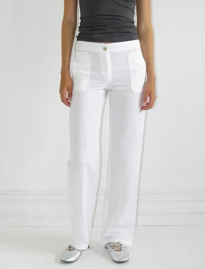 Paloma Wool ALVASlightly Sheer White Linen Pants With A Straight Leg And Low Rise Women Bottoms Paloma Wool ALVASlightly Sheer White Linen Pants With A Straight Leg And Low Rise Women Bottoms