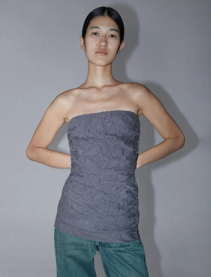Paloma Wool CLAREGrey Crinkled Fabric Effect Bandeau Top With Ruched Sides Women Tops
