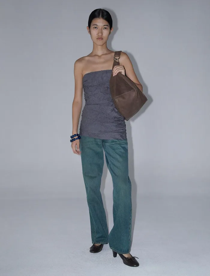 Paloma Wool CLAREGrey Crinkled Fabric Effect Bandeau Top With Ruched Sides Women Tops