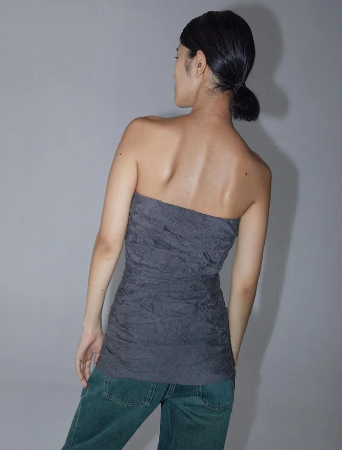 Paloma Wool CLAREGrey Crinkled Fabric Effect Bandeau Top With Ruched Sides Women Tops