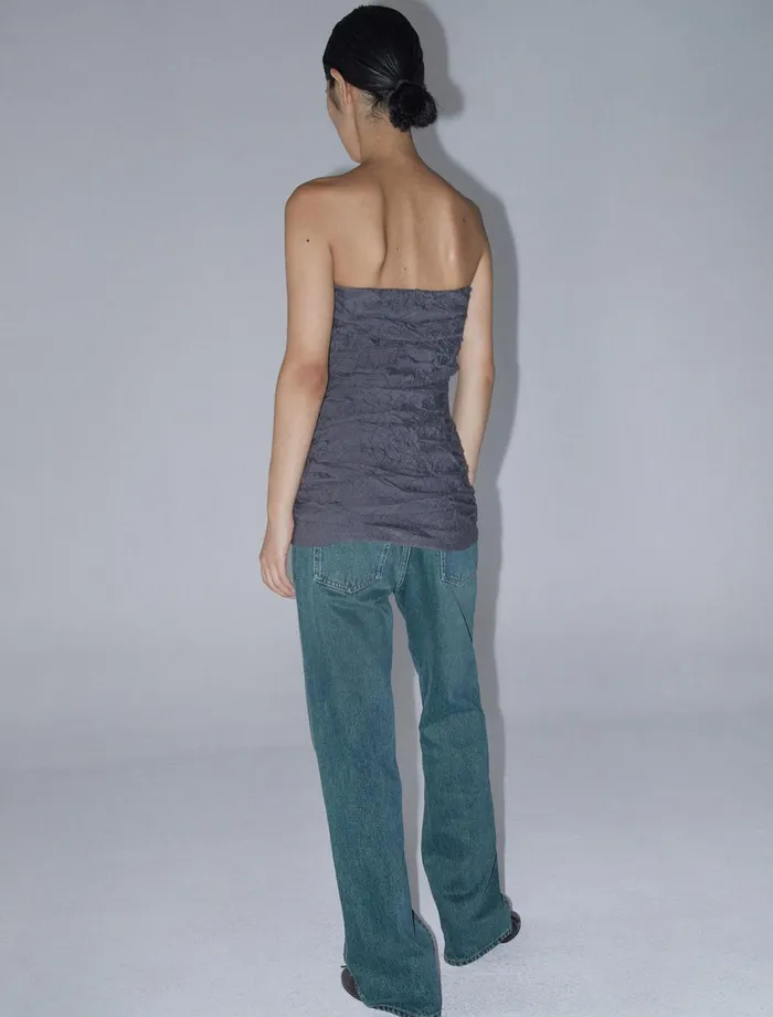 Paloma Wool CLAREGrey Crinkled Fabric Effect Bandeau Top With Ruched Sides Women Tops