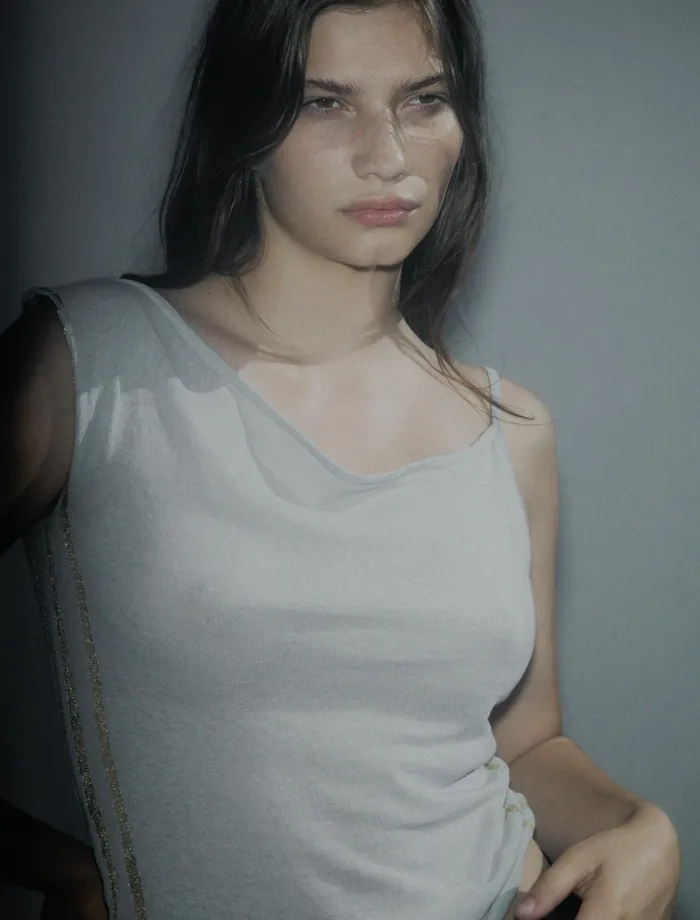 Paloma Wool DIJONGreyish Blue Asymmetrical Cotton Top With Transparent Intarsia On The Sides Women Tops