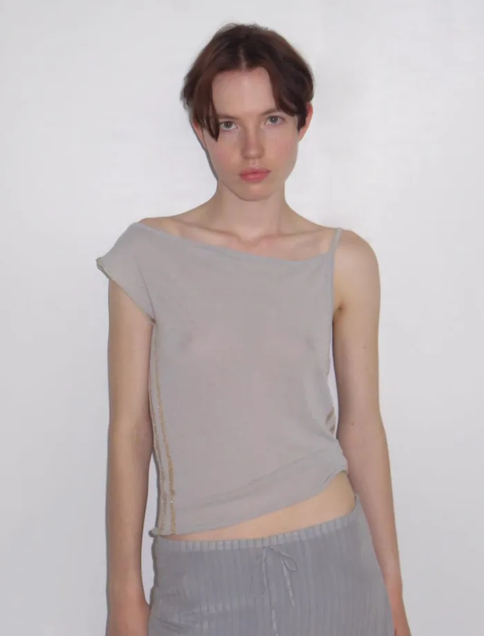 Paloma Wool DIJONGreyish Blue Asymmetrical Cotton Top With Transparent Intarsia On The Sides Women Tops