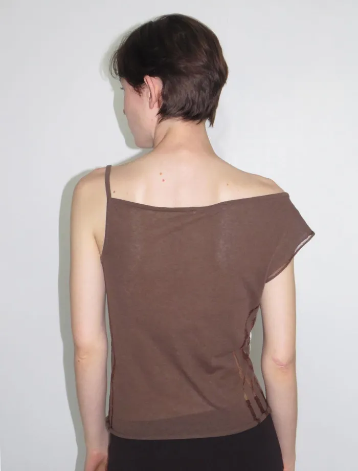 Paloma Wool DIJONTaupe Asymmetrical Cotton Top With Transparent Intarsia On The Sides Women Tops