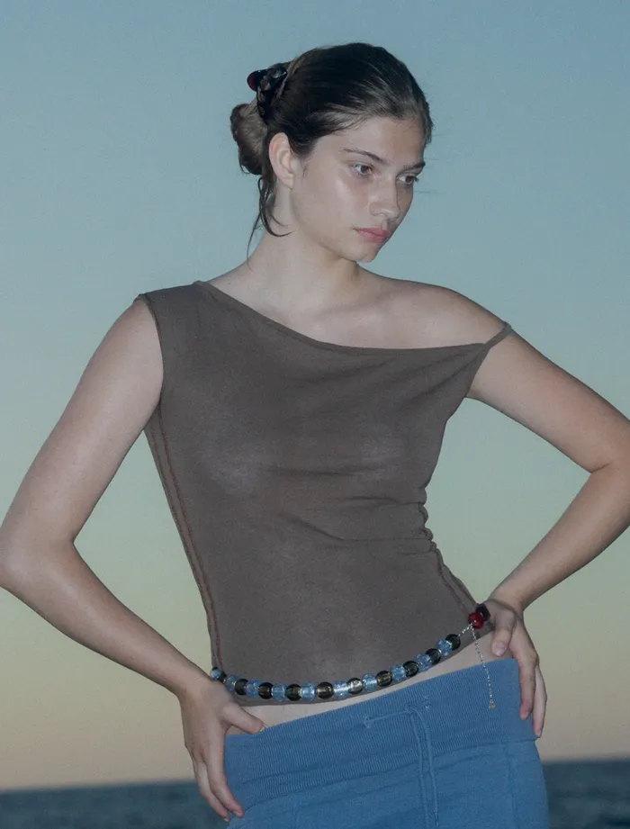 Paloma Wool DIJONTaupe Asymmetrical Cotton Top With Transparent Intarsia On The Sides Women Tops