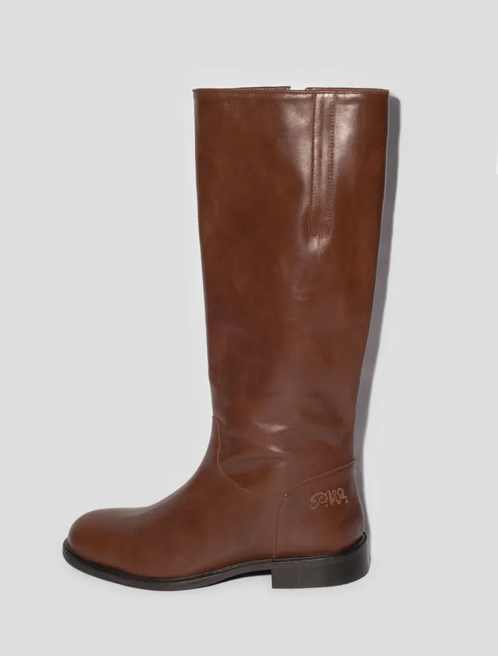 Paloma Wool ELLIOTBrown Riding Leather Boots With PW Embroidery Women Shoes