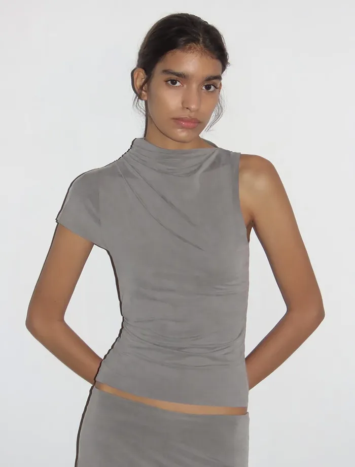 Paloma Wool ELVIRA Grey Asymmetric Sleeve Softneck Cupro Top Women Cupro
