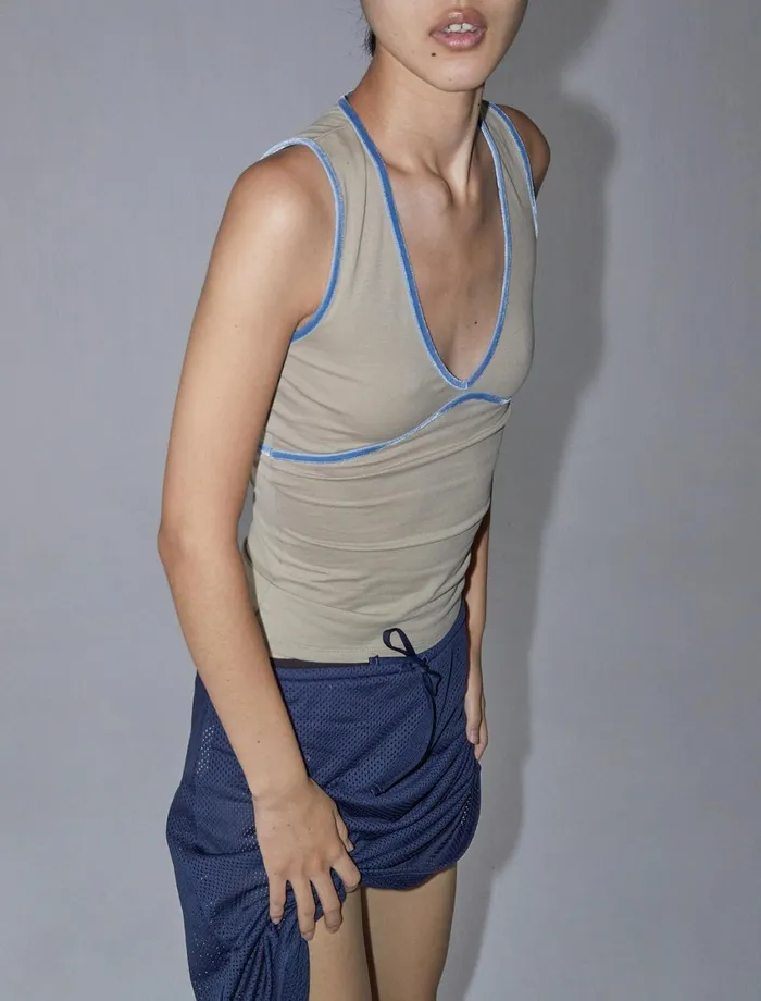Paloma Wool MAKYBeige Sleeveless Vneck Top With Velvet Ribbon Chest And Neckline Women Tops