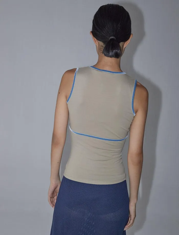 Paloma Wool MAKYBeige Sleeveless Vneck Top With Velvet Ribbon Chest And Neckline Women Tops