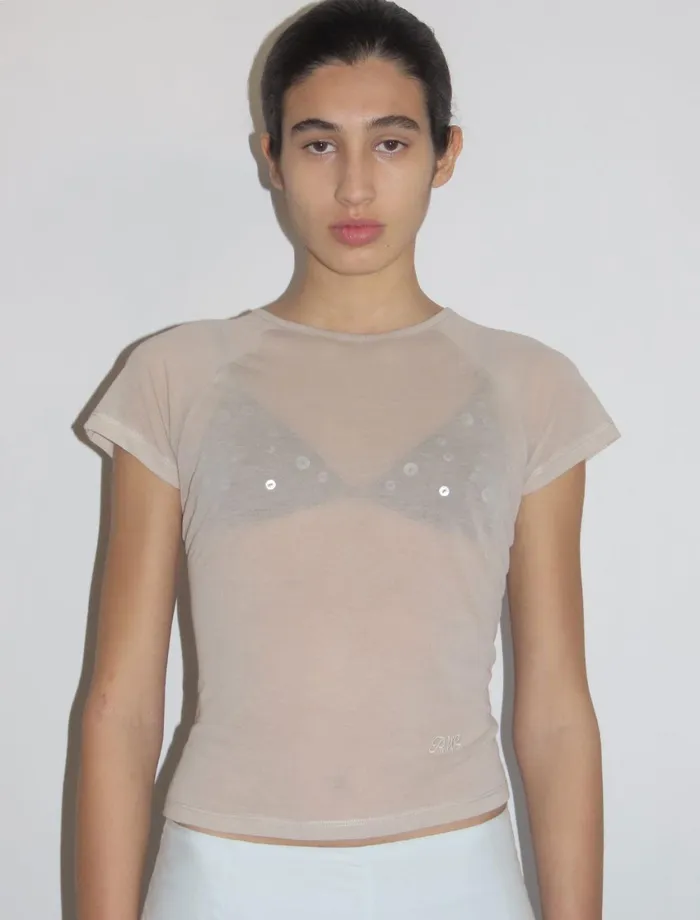 Paloma Wool OMUBeige Delicate Slightly Sheer Top With PW Embroidery Women Tops