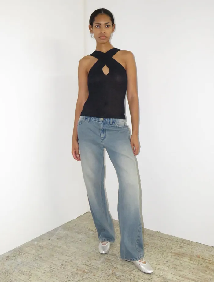 Paloma Wool SARICDark Navy Knitted Top With Crossed Chest Women Tops