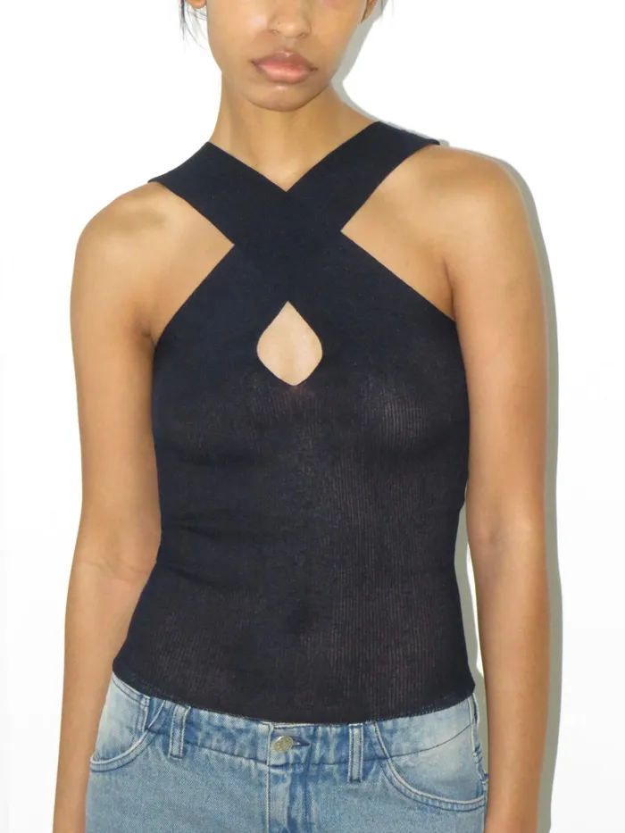 Paloma Wool SARICDark Navy Knitted Top With Crossed Chest Women Tops