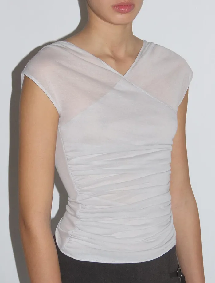 Paloma Wool SAUDADEGrey Delicate Slightly Sheer Cross Top With Frontal Gathering Women Tops Paloma Wool SAUDADEGrey Delicate Slightly Sheer Cross Top With Frontal Gathering Women Tops