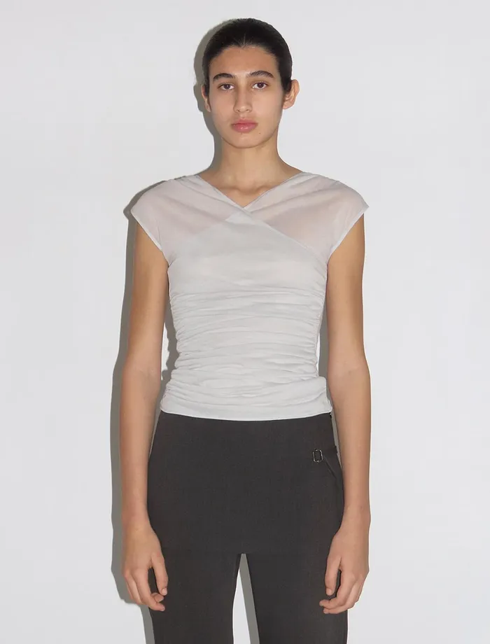 Paloma Wool SAUDADEGrey Delicate Slightly Sheer Cross Top With Frontal Gathering Women Tops