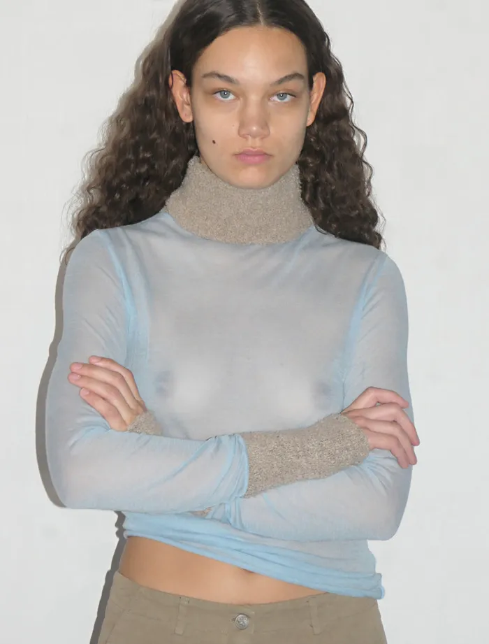 Paloma Wool TITILight Blue Delicate Transparent Highneck Knitted Sweater Women Tops