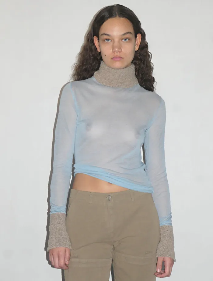 Paloma Wool TITILight Blue Delicate Transparent Highneck Knitted Sweater Women Tops