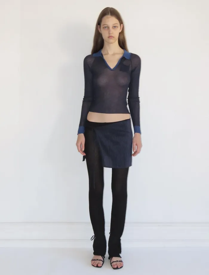 Paloma Wool TORRENTBOBlue Delicate Slightly Sheer Knitted Polo Women Tops