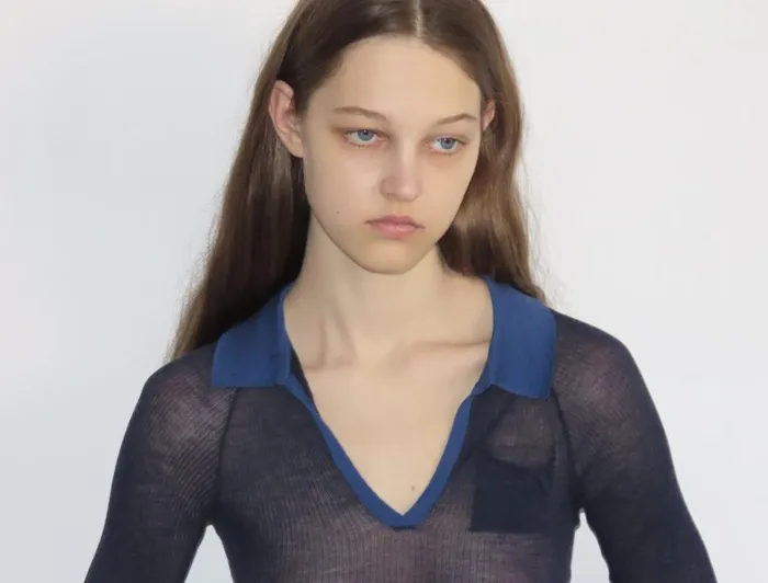 Paloma Wool TORRENTBOBlue Delicate Slightly Sheer Knitted Polo Women Tops