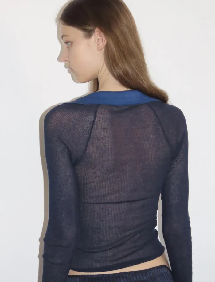 Paloma Wool TORRENTBOBlue Delicate Slightly Sheer Knitted Polo Women Tops