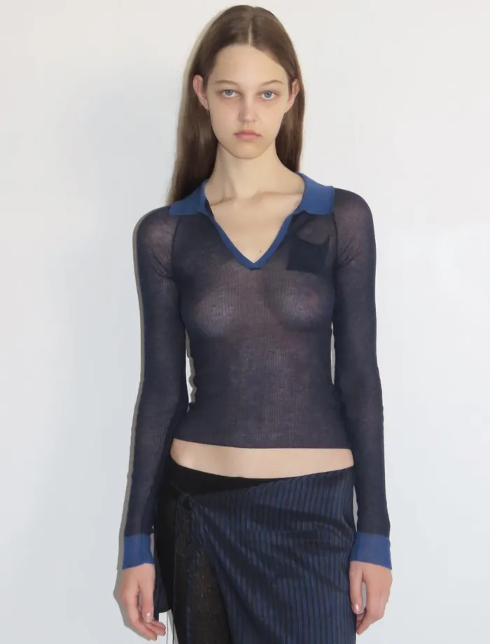 Paloma Wool TORRENTBOBlue Delicate Slightly Sheer Knitted Polo Women Tops