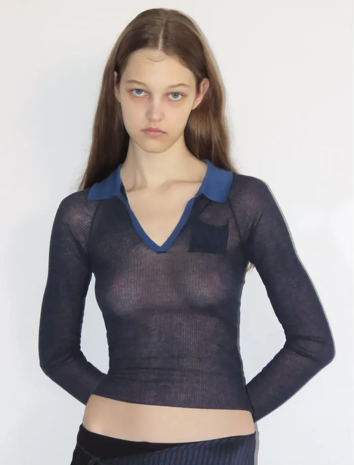 Paloma Wool TORRENTBOBlue Delicate Slightly Sheer Knitted Polo Women Tops
