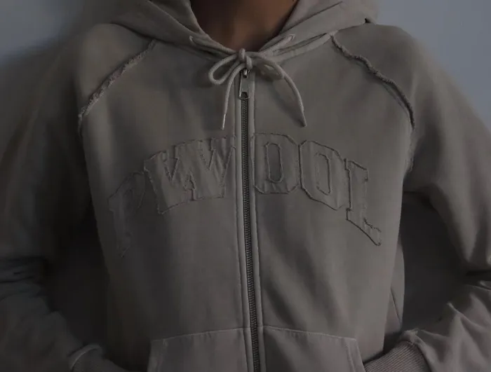 Paloma Wool VARSITYZipup Hoodie With 039PWOOL039 Rawcut Text Detail Women Tops