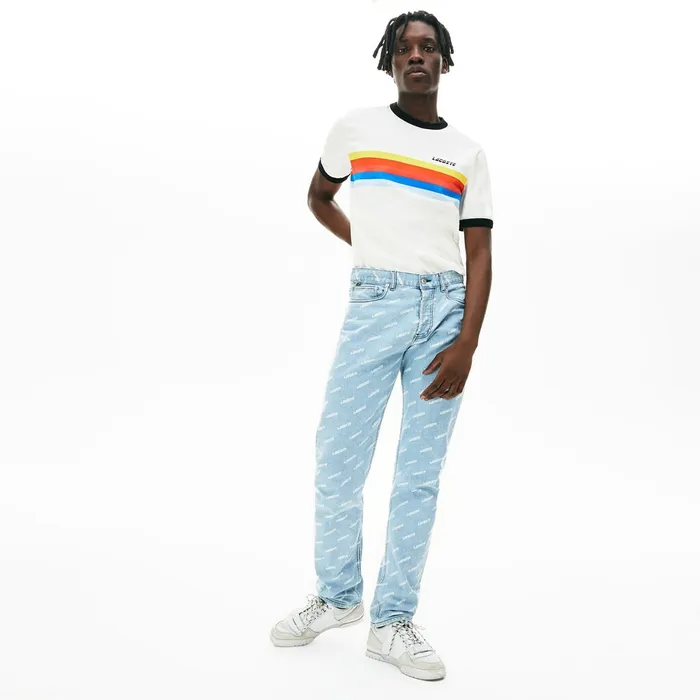 Pants and Shorts Lacoste Mens LIVE Printed Logo Jeans BlueWhite On Sale