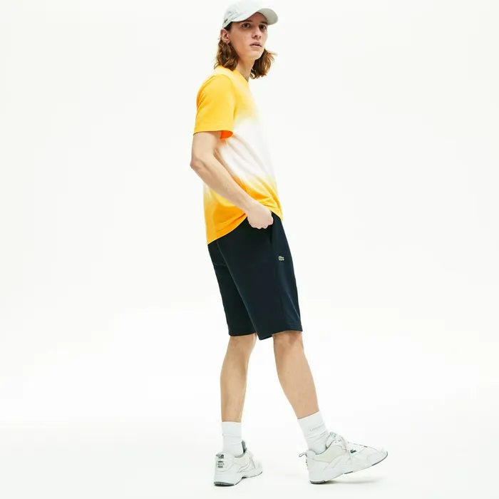 Pants and Shorts Lacoste Mens Oversized Crocodile Print Cotton Fleece Bermudas Navy Blue Outlet Factory