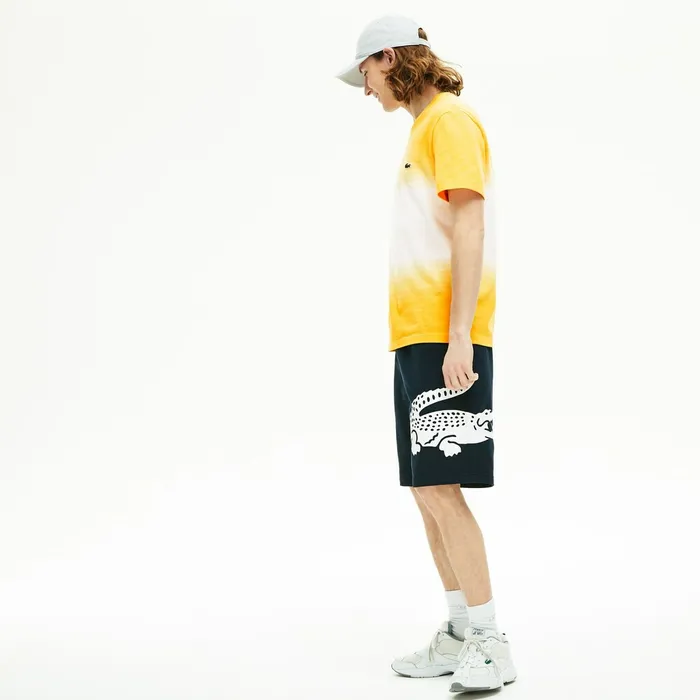 Pants and Shorts Lacoste Mens Oversized Crocodile Print Cotton Fleece Bermudas Navy Blue Outlet Factory