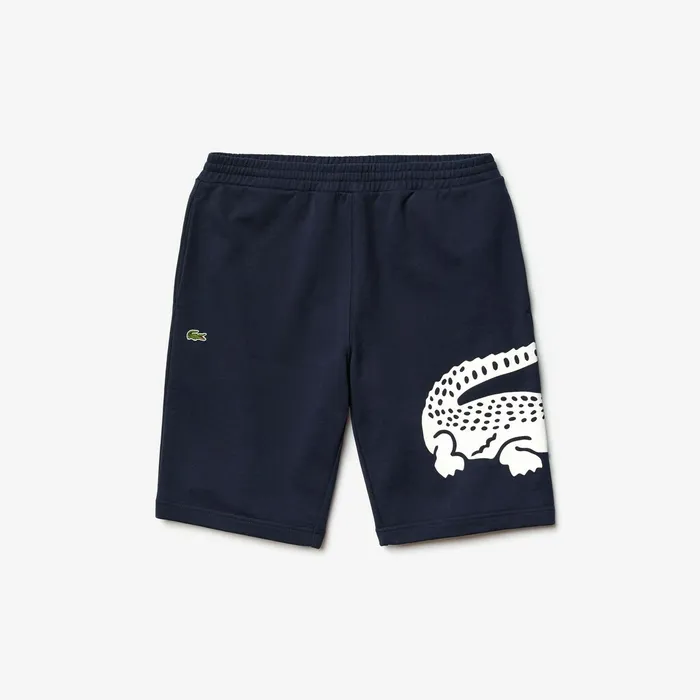 Pants and Shorts Lacoste Mens Oversized Crocodile Print Cotton Fleece Bermudas Navy Blue Outlet Factory